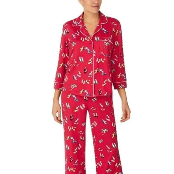 kate spade S Red Multi Stiletto Shoe Print Notch Collar Long Sleeve Pajama Set - Picture 1 of 16